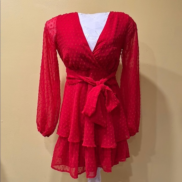 Elegant Ruffle Red V-Neck Dress - Picture 1 of 8